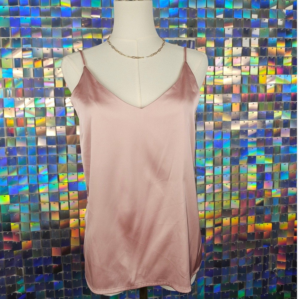 Satin Camisole Women Large Pink V-Neck Spaghetti Strap Going Out Top